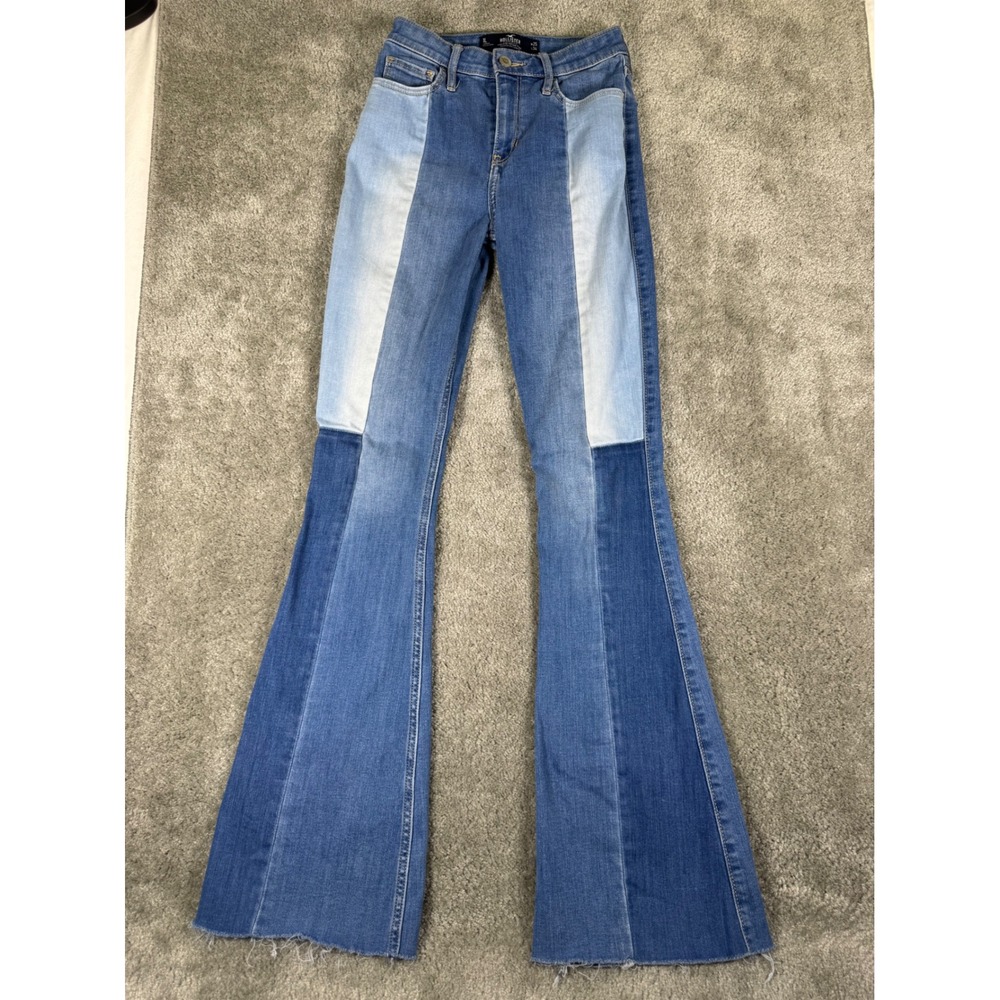 Hollister High-Rise Vintage Flare Patchwork Jeans Blue W25 L34 Raw Hem Stretch